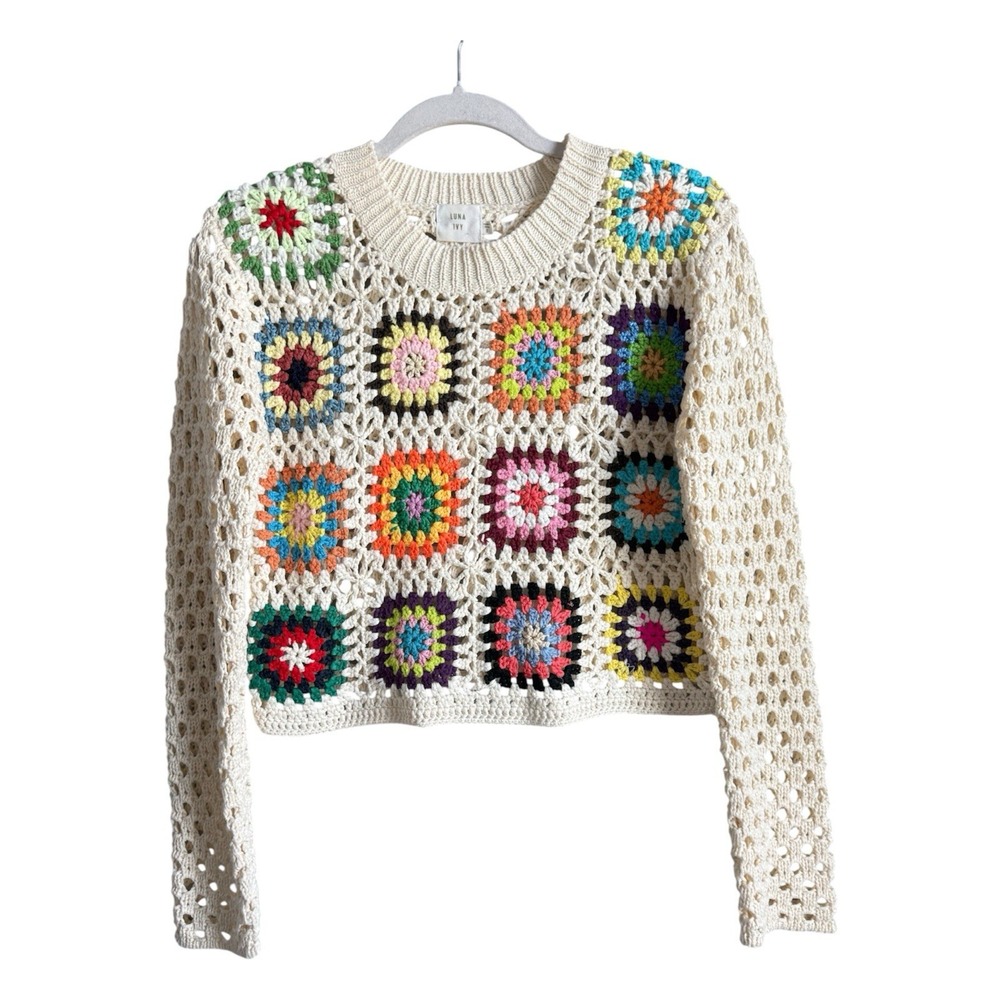 Luna Ivy Crochet Sweater Crop Granny Knit Top Cottagecore Boho Patchwork Small